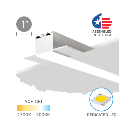 Alcon 12100-10-R, recessed linear ceiling to wall light shown in silver finish and with a flush trim-less lens.