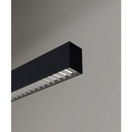 12100-22-P-L linear LED pendant light shown with black finish and louver lens 