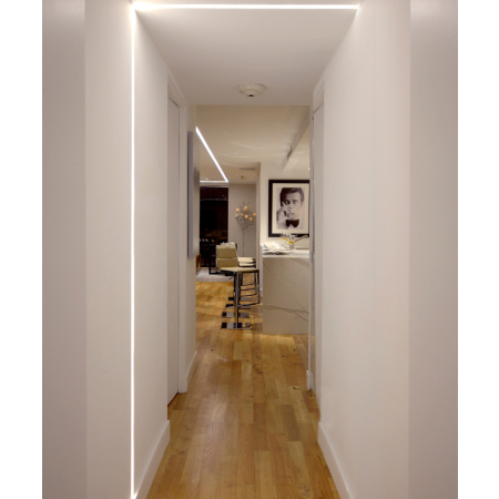 Rendering of 12100-20-R-CW recessed linear ceiling-to-wall LED light shown in a white finish with a flush trimless lens