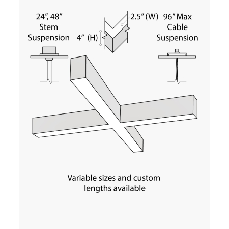 12100-20-X-P x-shaped pendant light shown with a black finish, flush trimless lens and aircraft cable suspension