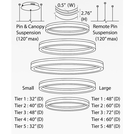 Alcon 12272-5-P, suspended commercial 5 tiered ring pendant light shown in silver finish.