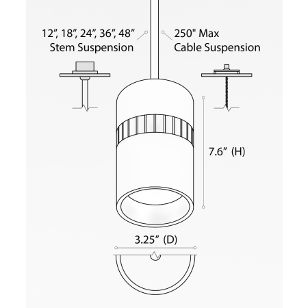 Alcon 12301-4-P, suspended commercial cylindrical pendant light shown with white fins and white housing finish.