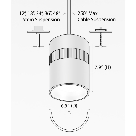 Alcon 12301-6-P, suspended commercial cylindrical pendant light shown with black fins and black housing finish.