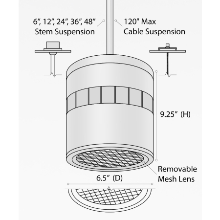 Alcon 12301-8-P, suspended commercial cylindrical pendant light shown with black fins and black housing finish.