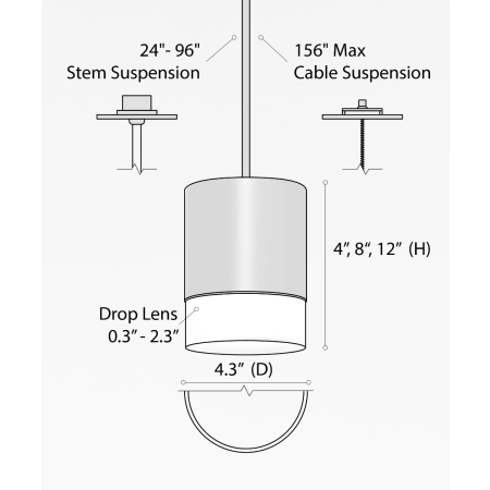 Alcon 12302-P-DL, suspended commercial dropped-lens cylindrical pendant light shown in black finish.