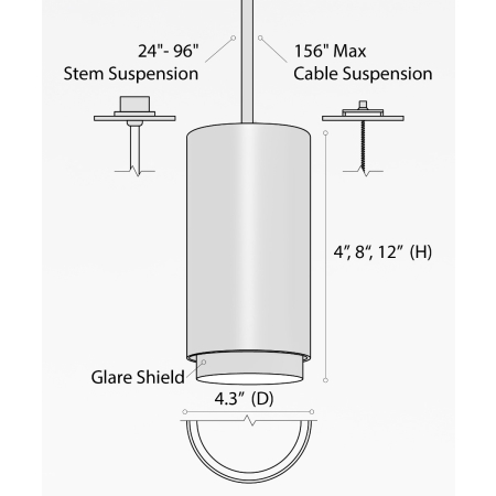 Alcon 12302-P-TGS, suspended commercial anti-glare shade cylindrical pendant light shown in black finish.