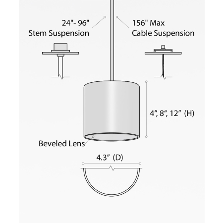 Alcon 12302-P, suspended commercial beveled-lens cylindrical pendant light shown in black finish.