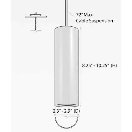 Alcon 12315-P, suspended commercial elongated cylindrical pendant light shown in black finish with an internal lens.