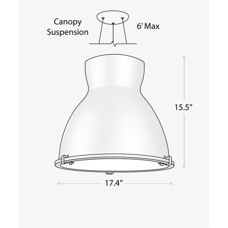 15203 industrial high bay pendant light shown in silver finish and with an hourglass shaped open-lens housing. 