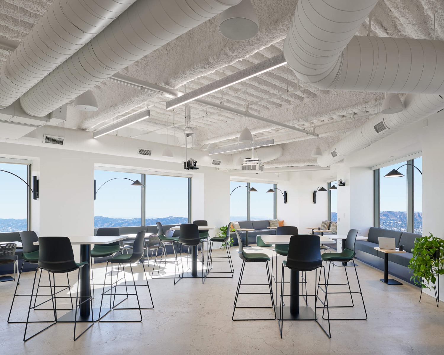 Linear acoustic felt pendant lights hang over an office dining and break area, reducing noise and echo in the open area.