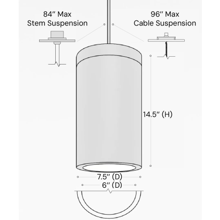  Alcon 12306-P, suspended commercial flush-lens cylindrical pendant light shown in black finish.