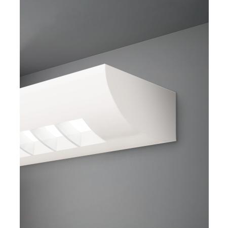 Alcon 11112, surface mount linear wall light line drawing shown in white with a curved louvered lens.