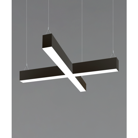 12100-20-X-P x-shaped pendant light shown with a black finish, flush trimless lens and aircraft cable suspension