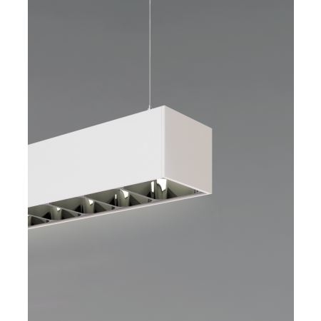 Alcon 12100-23-P-LVR pendant light shown with metal louvers, white finish, and a concealed lens.