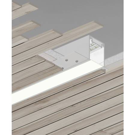 Alcon 12100-23-RTLW, recessed linear ceiling light shown in white finish and with a flush trim-less lens.