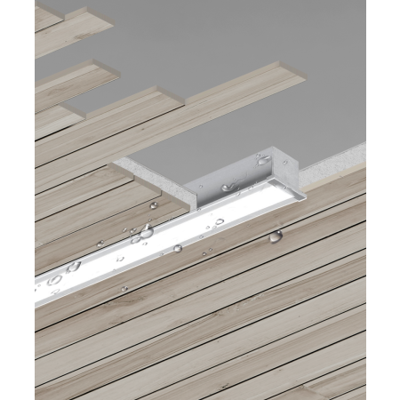 The 12100-24-R wet-location recessed linear LED light shown with a silver finish and a flush lens in a wood ceiling