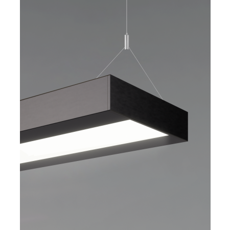 Alcon 12113-P, rectangular prism shaped suspended pendant light shown in satin black finish and with an inset, central flushed lens.