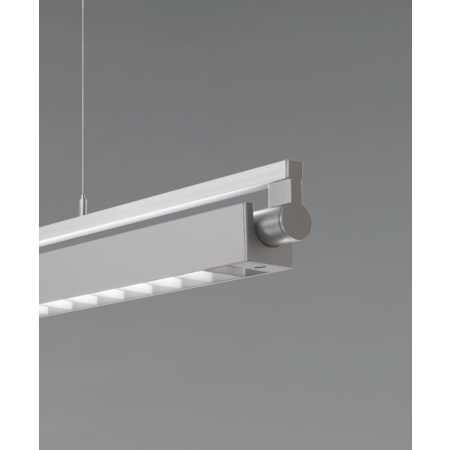 Alcon 12160-P-LDI, suspended linear pendant light shown in silver finish and with a rotating boxed louvered  lens.