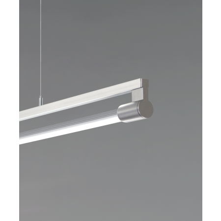 Alcon 12160-P, suspended linear pendant light shown in silver finish and with a rotating cylindrical half-lite lens.