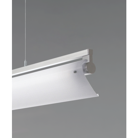 Alcon 12160-PWW-P, suspended linear pendant light shown in silver finish and with a rotating cylindrical half-lite lens.