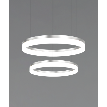 Alcon 12272-2-P, two-layered tiered suspended commercial ring pendant light shown in silver finish and with a flush trim-less lens.