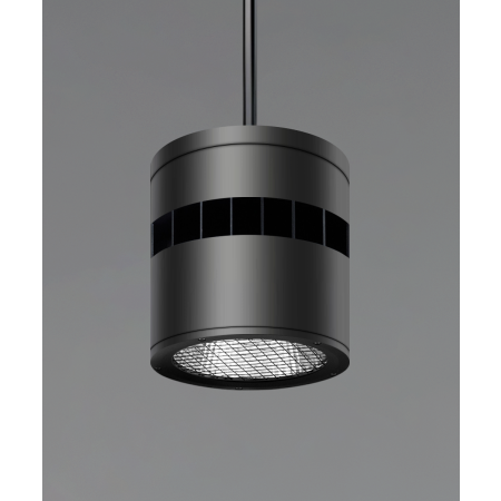 Alcon 12301-8-P, suspended commercial cylindrical pendant light shown with black fins and black housing finish.