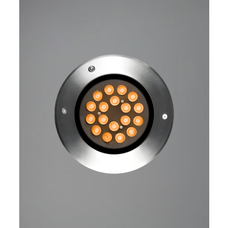 The 14127-9 in-ground well light by Alcon Lighting with a clear, 9-inch shatterproof lens shown with a stainless steel finish