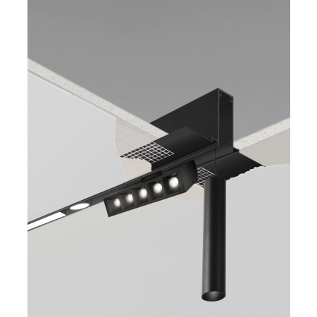 A product rendering of the 15100-R recessed modular track lighting system, shown with two linear downlights, a multi-cell adjustable, and cylinder pendant downlight