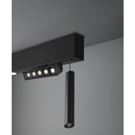 Alcon 15100-S, surface linear ceiling light shown in black finish and with modular in-set lighting components.