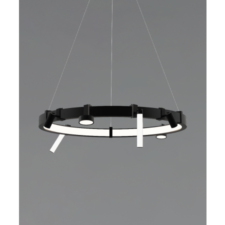 15115 modular pendant light shown in a black finish and with a flush trimless inner lens and downlight, spotlight and glowbar attachments