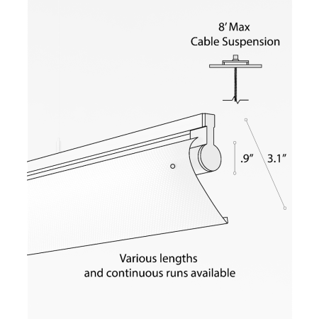 Alcon 12160-PWW-P, suspended linear pendant light shown in silver finish and with a rotating cylindrical half-lite lens.