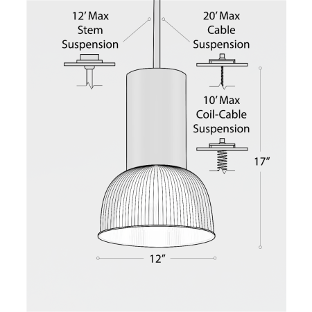 Product rendering of the 15204-12 dome pendant light, shown with a polycarbonate reflector and black stem housing