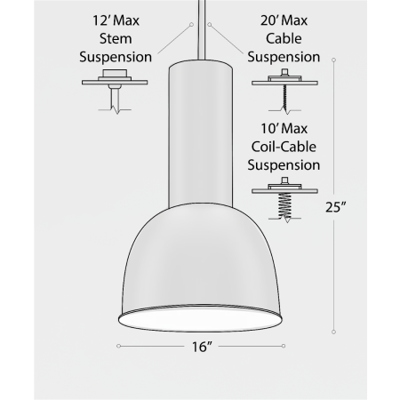 Product rendering of the 15204-16-AL dome pendant high and low bay pendant light shown with a black finish and stem mounting