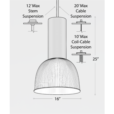 Product rendering of the 15204-16 dome pendant light, shown with a stem mounting and polycarbonate reflector