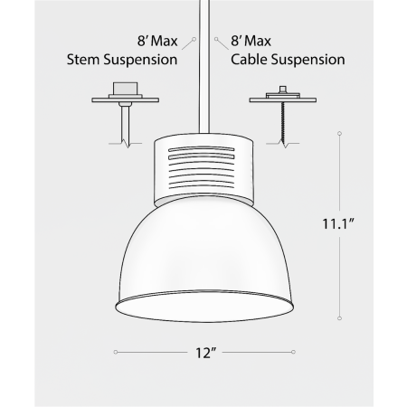 Line drawing showing the dimensions of the 15209-12 high bay and low bay LED light 