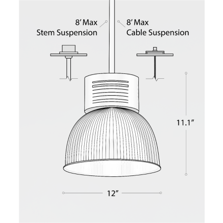 Line drawing showing the dimensions of the 15209-12 high bay and low bay LED light