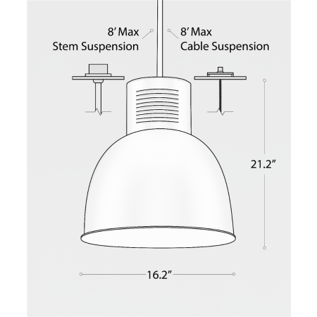 Line drawing showing the dimensions of the 15209-16 high bay and low bay LED light