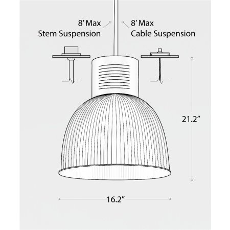 Line drawing showing the dimensions of the 15209-16 high bay and low bay LED light