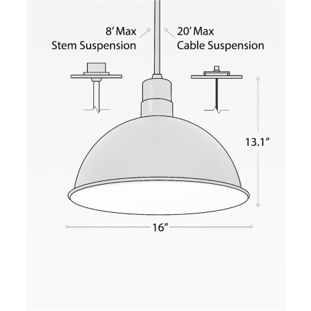 Alcon 15240-16, suspended commercial pendant light shown in black finish and with an open dome housing.