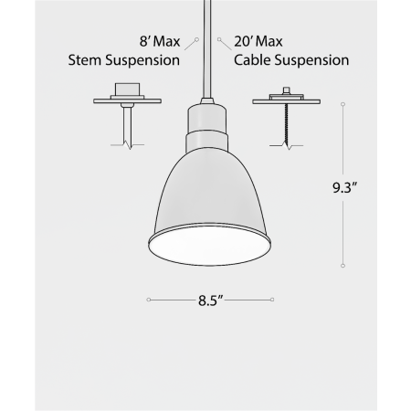 Alcon 15240-8, suspended commercial pendant light shown in black finish and with an open dome housing.